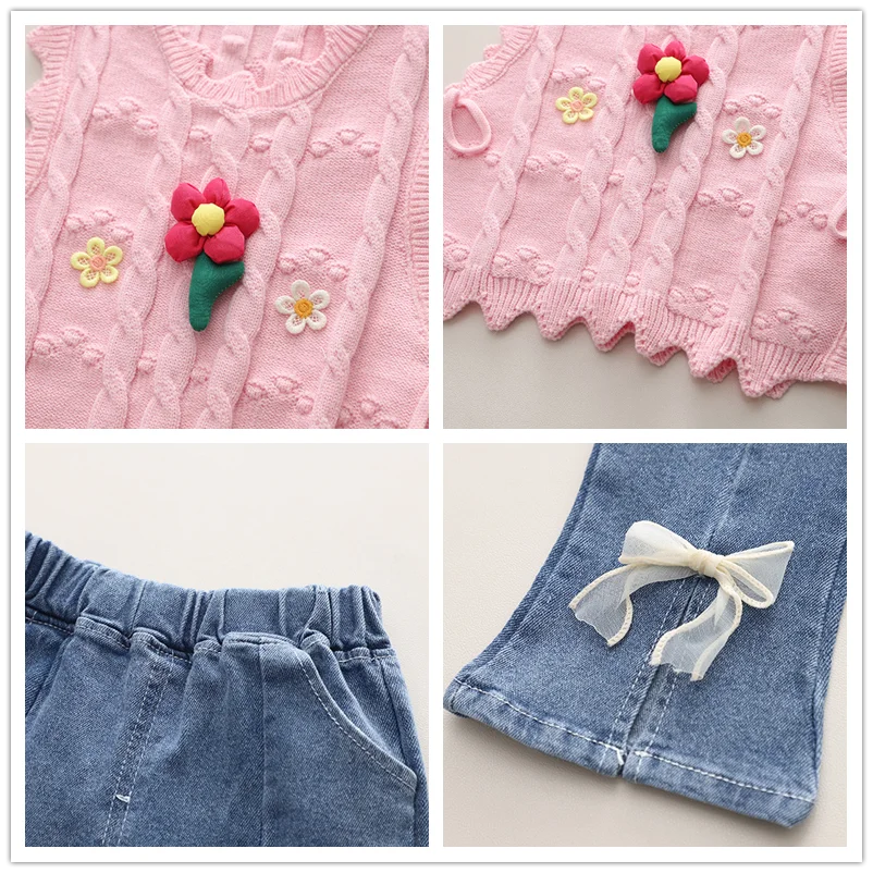 Children Clothing Sets for Girls T Shirt Floral Vest Bow Jeans Spring Autumn Toddler Baby Clothes Infant Outfits Kids Tracksuit