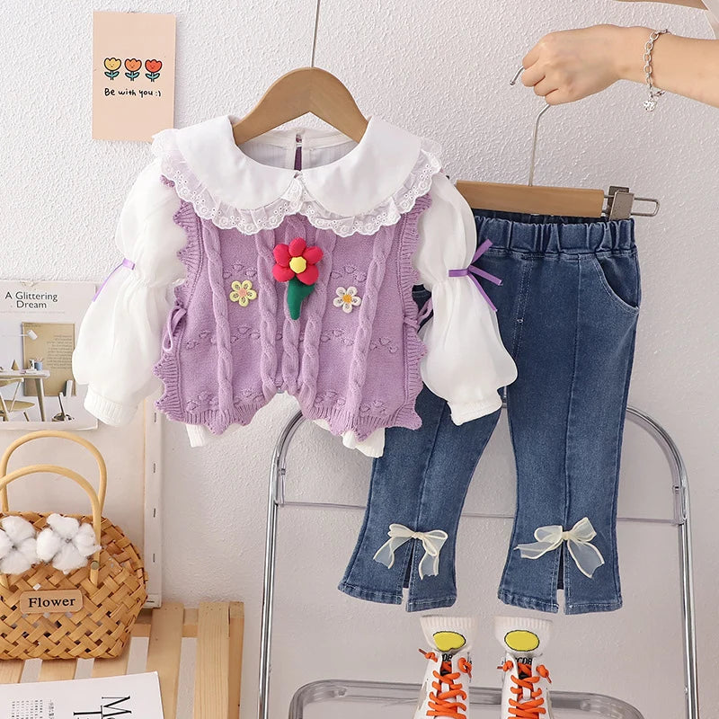 Children Clothing Sets for Girls T Shirt Floral Vest Bow Jeans Spring Autumn Toddler Baby Clothes Infant Outfits Kids Tracksuit