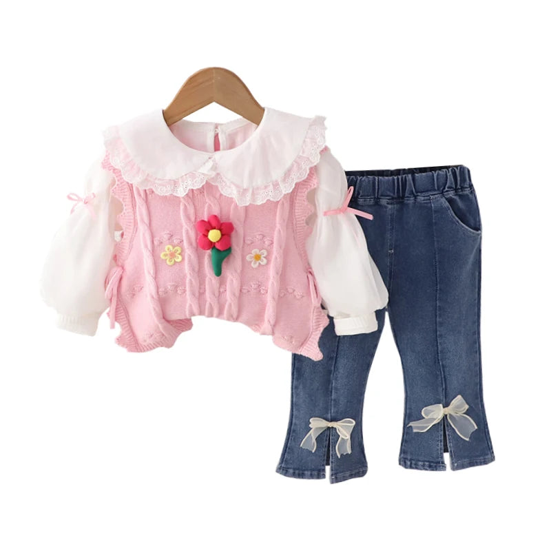 Children Clothing Sets for Girls T Shirt Floral Vest Bow Jeans Spring Autumn Toddler Baby Clothes Infant Outfits Kids Tracksuit