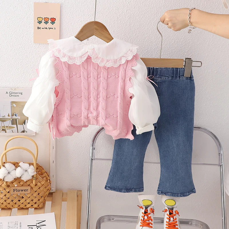 Children Clothing Sets for Girls T Shirt Floral Vest Bow Jeans Spring Autumn Toddler Baby Clothes Infant Outfits Kids Tracksuit