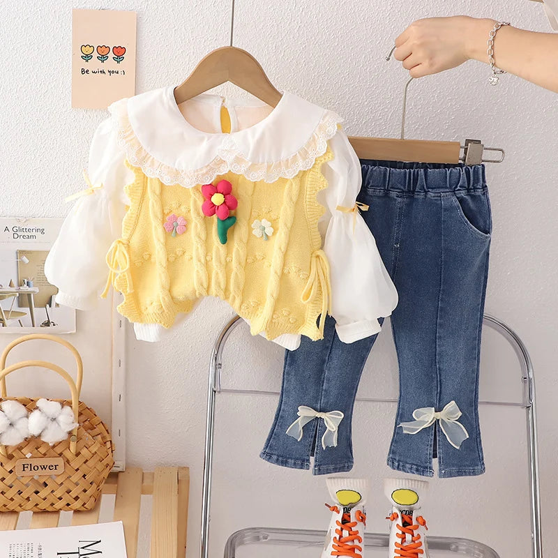 Children Clothing Sets for Girls T Shirt Floral Vest Bow Jeans Spring Autumn Toddler Baby Clothes Infant Outfits Kids Tracksuit