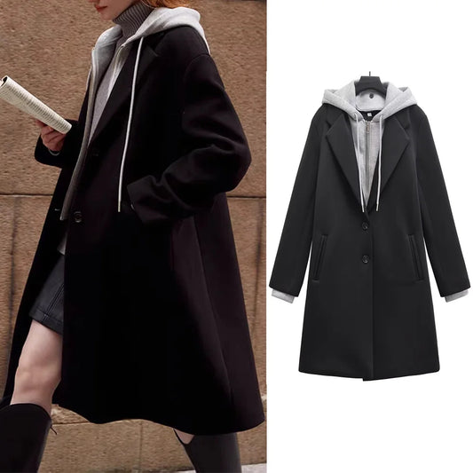 Women's Casual Coat 2024 Autumn New European and American Women's Clothing Can Be Detachable Hooded Splicing Coat Coat