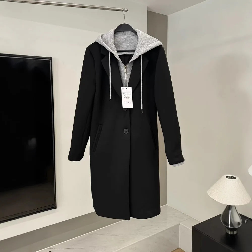 Women's Casual Coat 2024 Autumn New European and American Women's Clothing Can Be Detachable Hooded Splicing Coat Coat