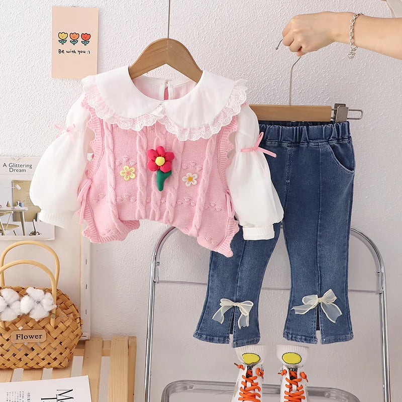 Children Clothing Sets for Girls T Shirt Floral Vest Bow Jeans Spring Autumn Toddler Baby Clothes Infant Outfits Kids Tracksuit